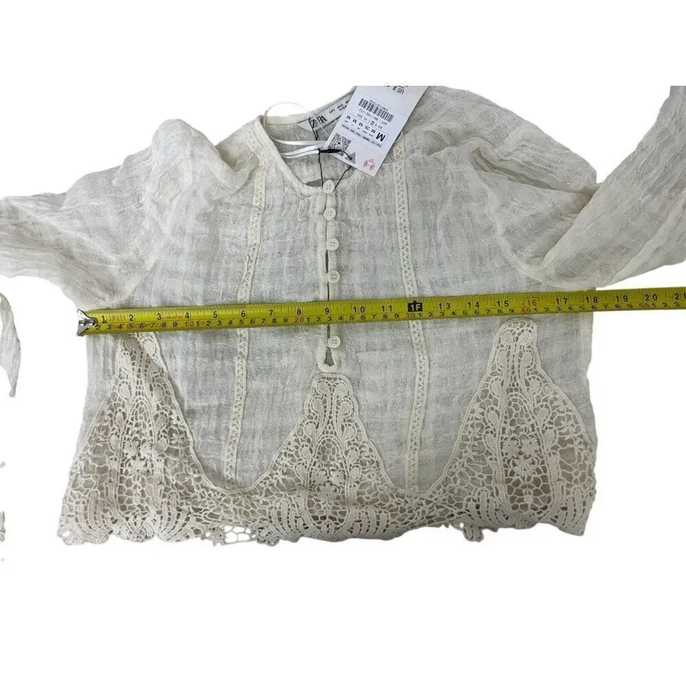 Zara Womens Top M Ivory Crochet Long Sleeve Cropped Blouse Cotton 3440/244 NWT